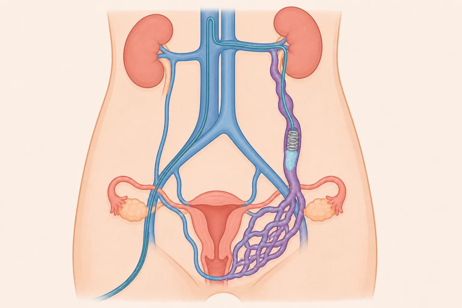 Educational illustration of catheter, coil, and sclerosant treatment in a refluxing ovarian vein associated with pelvic varices