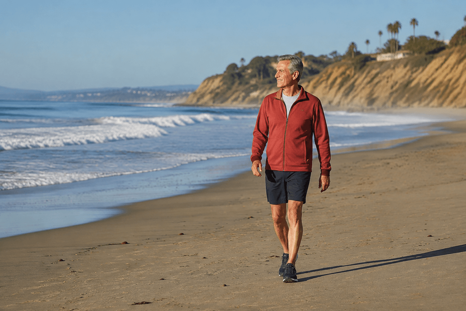 An older adult walking on a beach