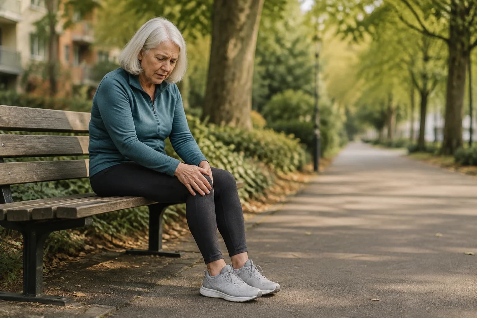 An older woman pausing on a park bench with her hands resting on her knee