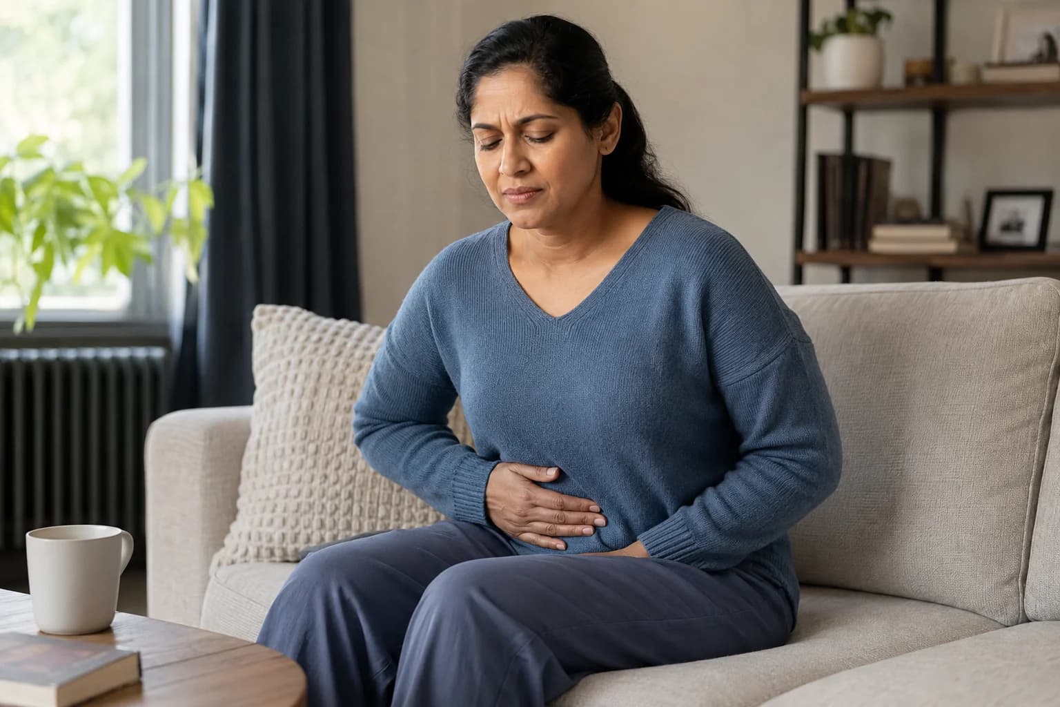 A woman seated at home resting a hand over her lower abdomen