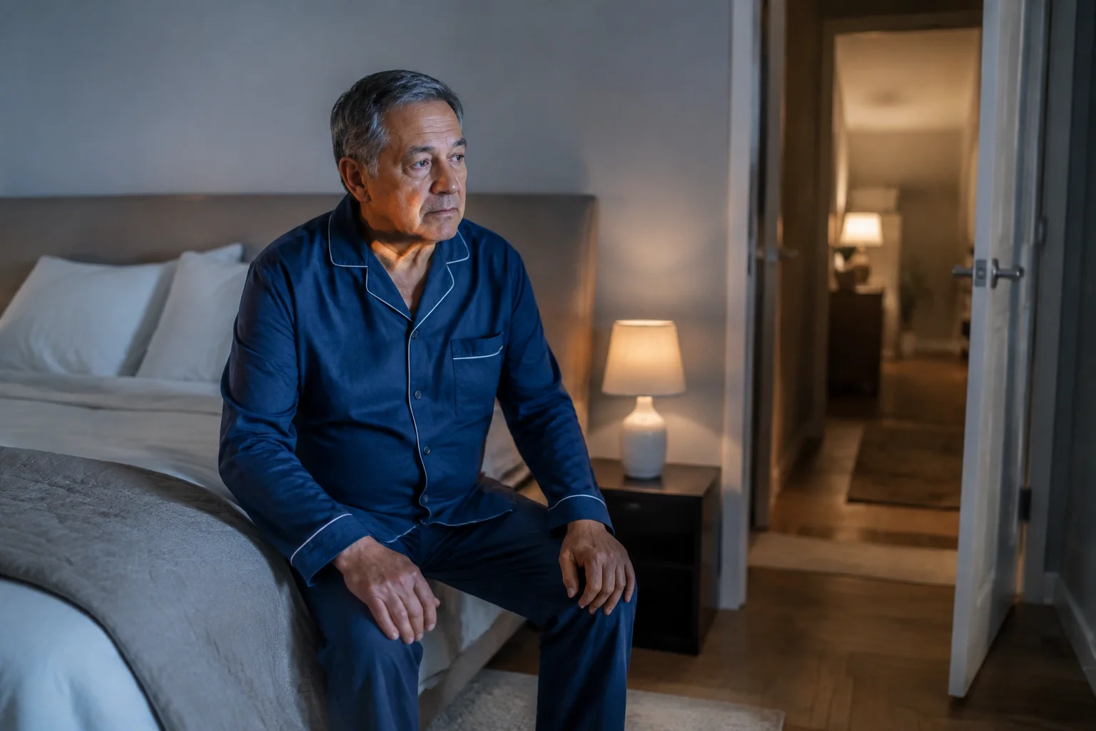 An older man sitting awake on the edge of his bed at night