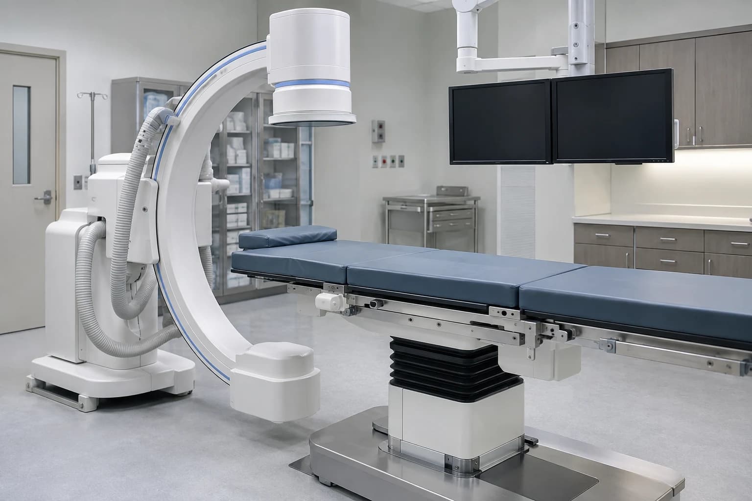 Illustrative image of a procedure room with fluoroscopy equipment