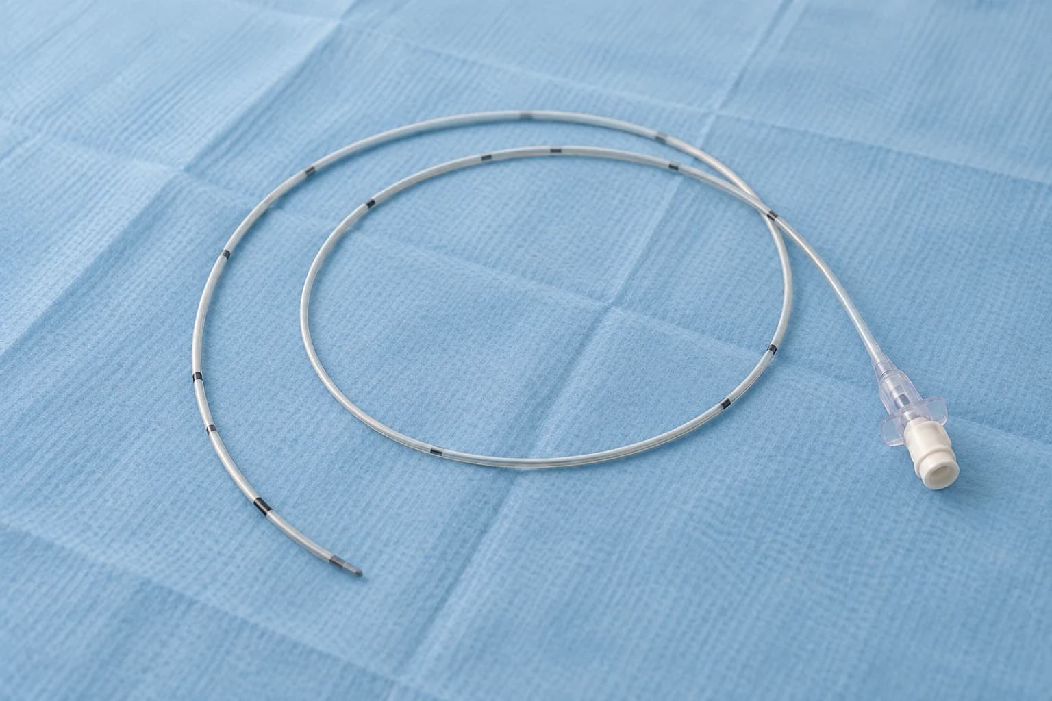 Illustrative catheter on a blue clinical drape