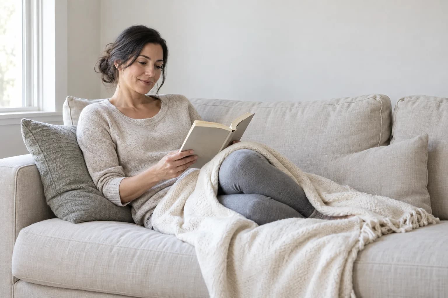 Illustrative image of a woman resting on a sofa with a book and blanket
