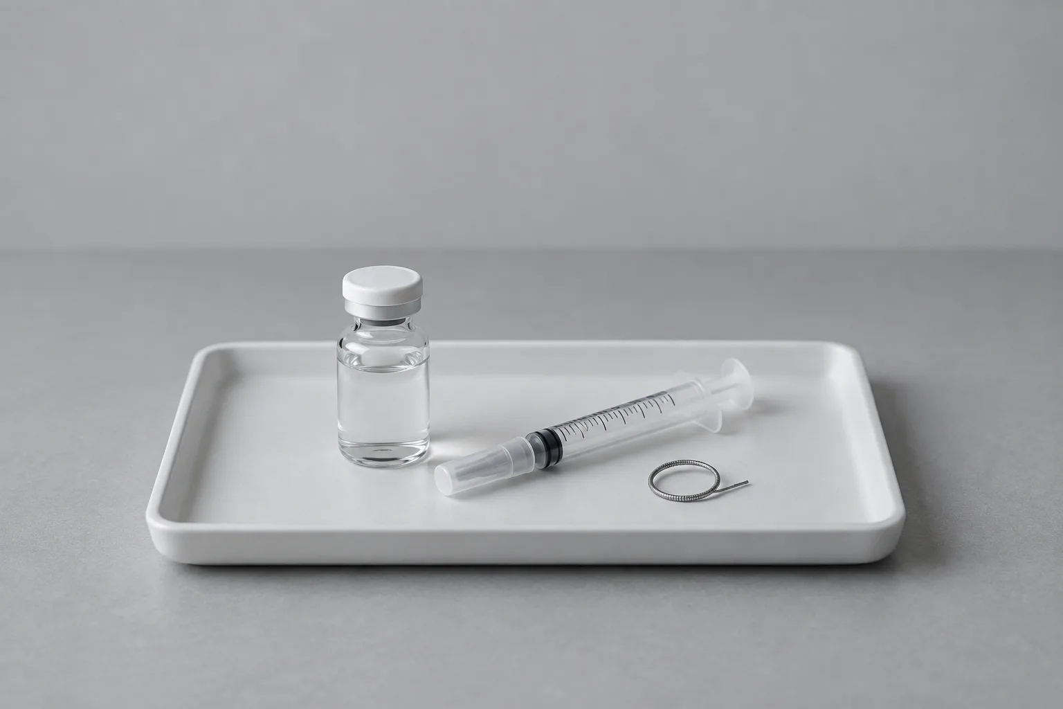 Illustrative vial, syringe, and embolization coil on a clinical tray
