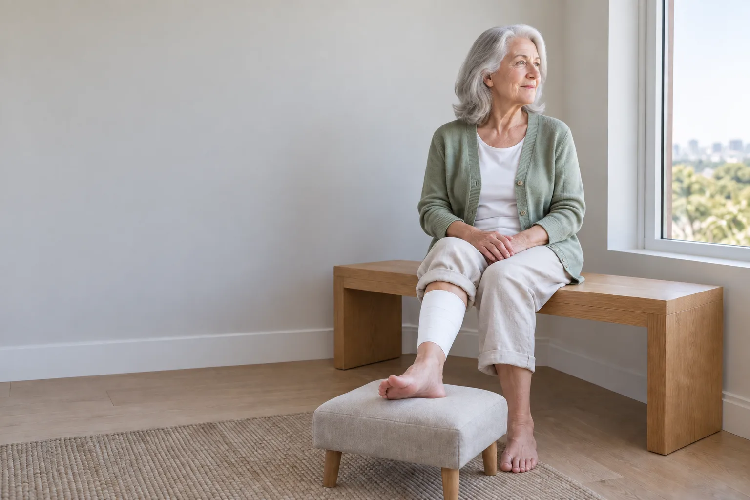 Illustrative image of a woman resting by a window with a clean dressing on her lower leg