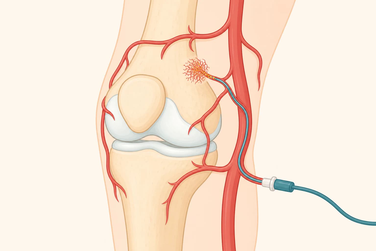 Educational illustration of a microcatheter treating abnormal small vessels near an osteoarthritic knee while preserving the main artery