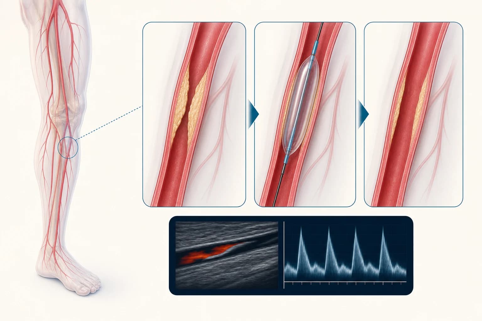 Educational illustration of duplex ultrasound and balloon angioplasty for a narrowed lower-leg artery