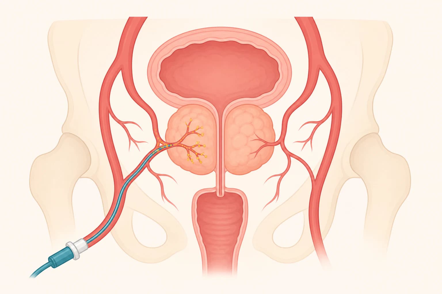 Educational illustration of a microcatheter delivering embolic particles into selected prostatic artery branches