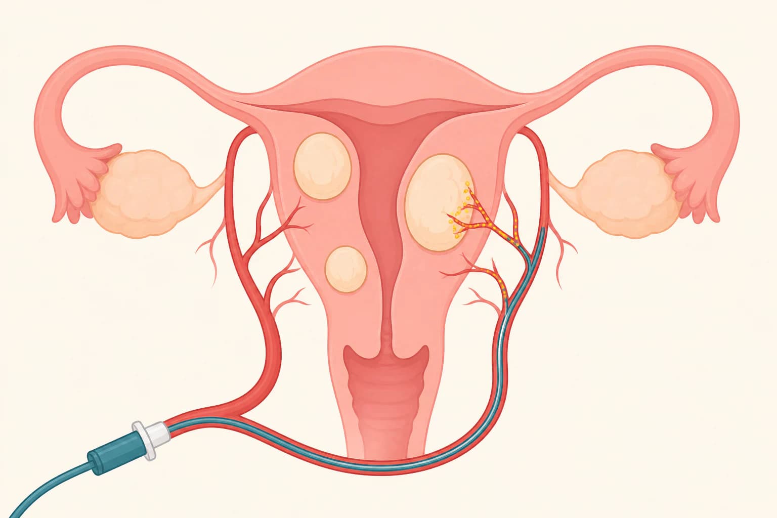 Educational illustration of a microcatheter delivering embolic particles into uterine artery branches supplying fibroids