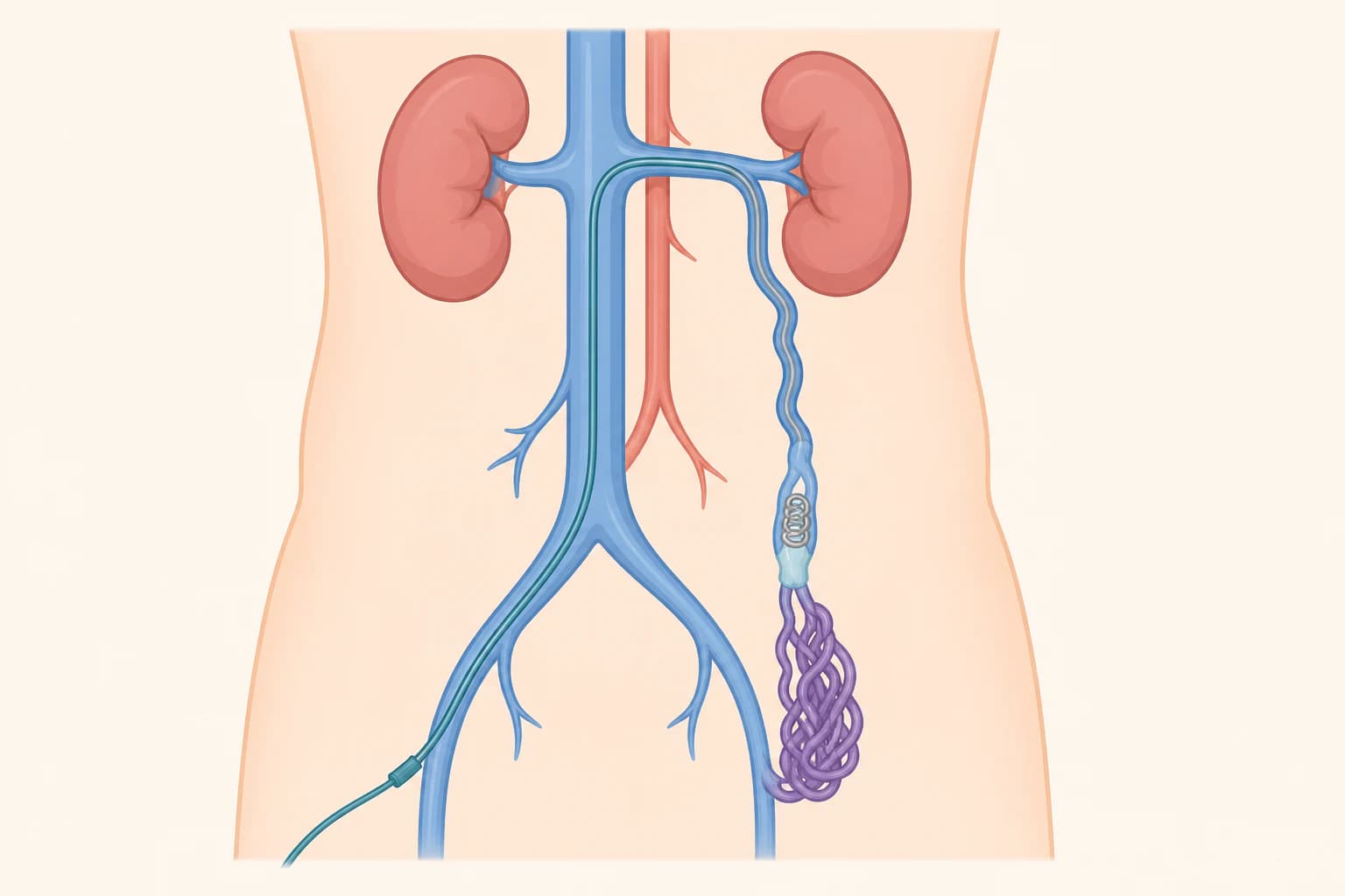 Educational illustration of catheter, coil, and sclerosant treatment in a refluxing left gonadal vein associated with varicocele