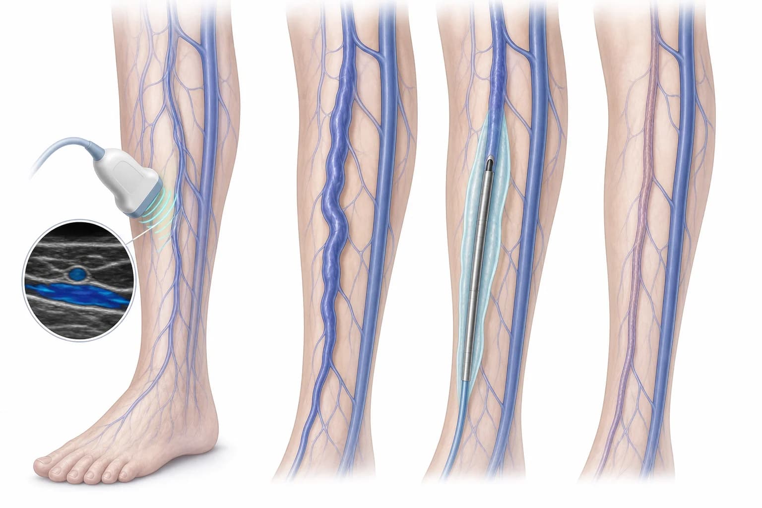 Educational illustration of duplex ultrasound and endovenous ablation of a superficial leg vein