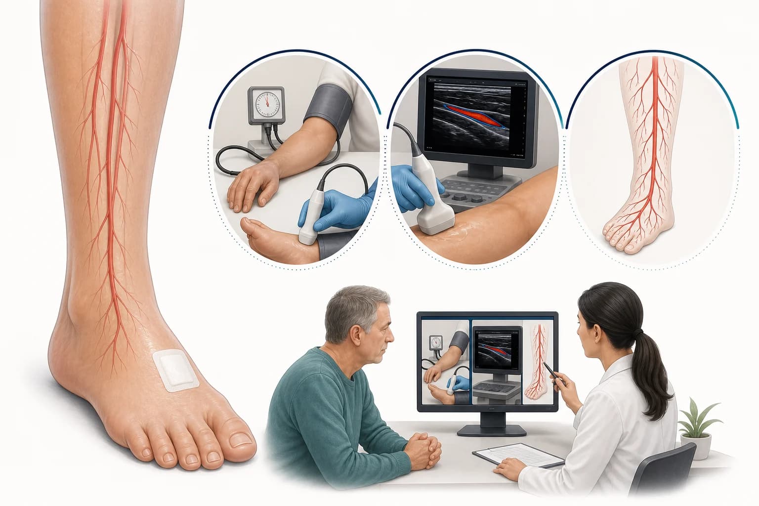 Educational illustration showing ankle-brachial index testing, duplex ultrasound, arterial mapping, and coordinated wound evaluation